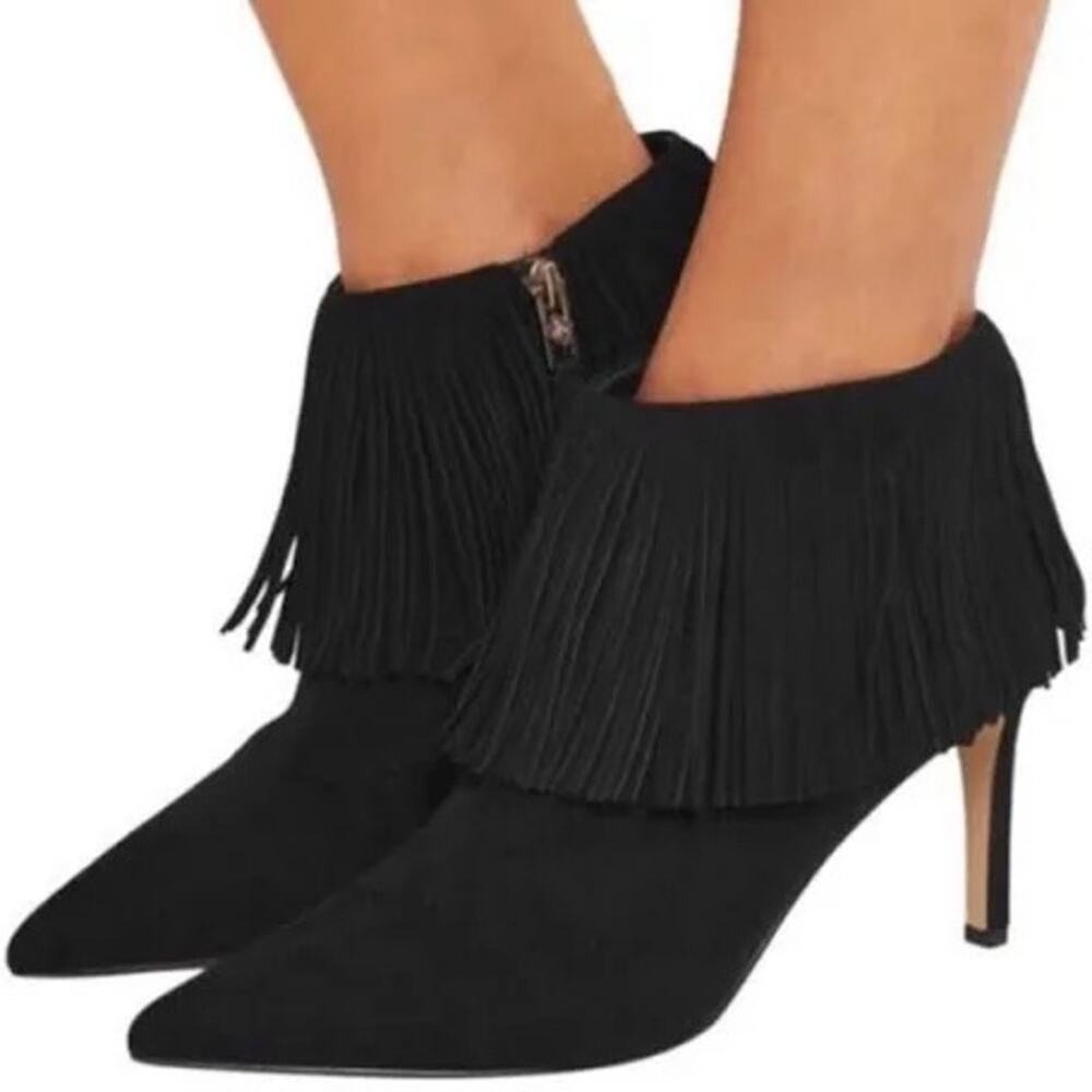 Sam Edelman Ankle Boots Women's Suede Fringe Pointed Stiletto Western Black Sz 7